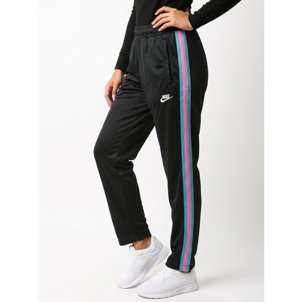 NIKE | Side Stripe Track Pants Black Pink Teal Drawstring Waist Women’s Size L